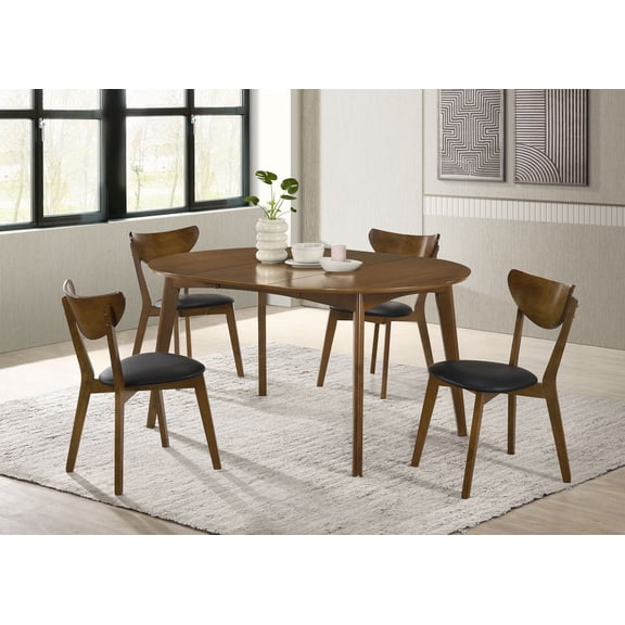 Dining Set, Mid-Century Modern 5-Piece Wood Table and Chairs with Removable Extension Leaf, Oval Dark Walnut Finish, Black Seats, 42" x 42" Table for Dining Room, Seats 4 to 6