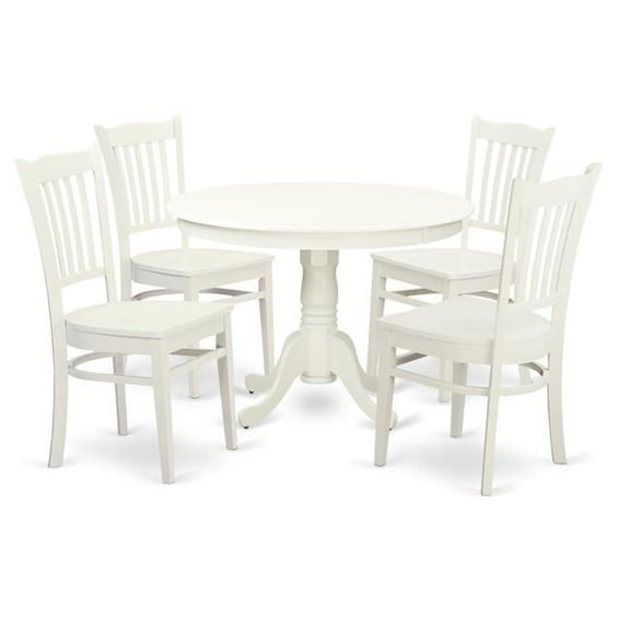 Dining Set - One Round Kitchen Table & 4 Chairs with Solid Wood Seat, Linen White - 5 Piece - 42 in.