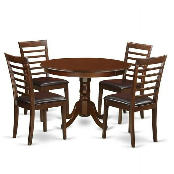 Dining Set - One Round Kitchen Table & Four Chairs with Faux Leather Seat, Mahogany - 5 Piece - 42 in.