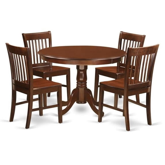 Dining Set - One Round Small Table & 4 Chairs with Wood Seat, Mahogany - 5 Piece - 42 in.