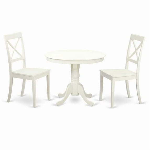 Dining Set - One Round Table & Two Solid Wood Chairs, Linen White - 3 Piece