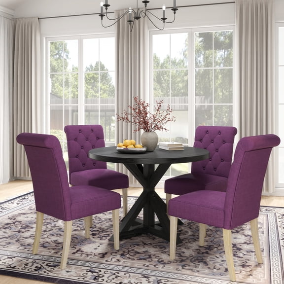 Dining Set with Round Table and 4 Seats | Ideal for Dinner Events, Comfortable Seating for Guests | Oak Veneers on Table, Padded Chair Seats | Meets Requirement for Quality Dining Furniture