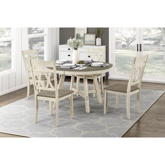 Dining Set, Round Wooden Table with 4 X-Back Side Chairs, 48" Diameter, Two-Tone Antique White and Greywash Finish, Contemporary Farmhouse Style for Dining Room, 5-Piece Collection