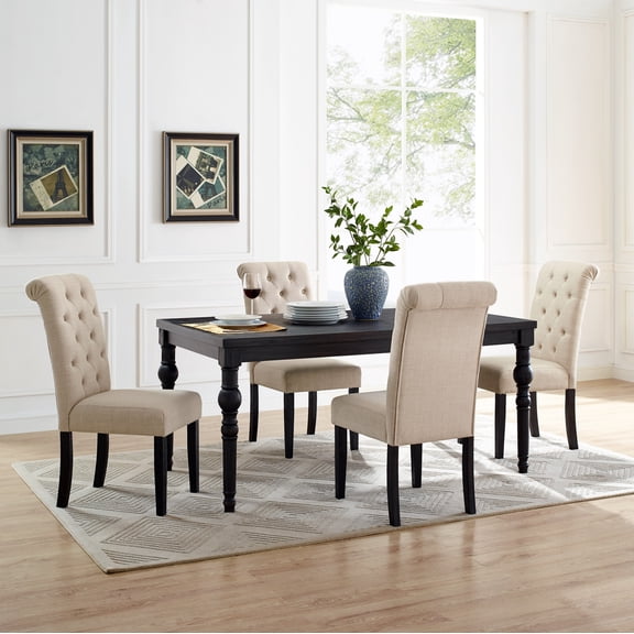 Dining Set, Solid Rubberwood Rectangular Table and 4 Chairs with Turned Legs, Dark Wash Tan Finish, 65" W x 38" D x 30" H, Traditional Urban Style for Dining Room, Fixed Table Set