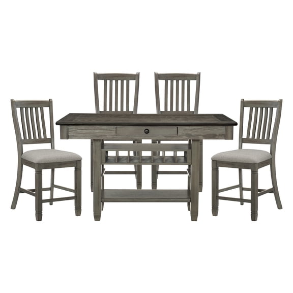 Dining Set, Solid Wood Counter Height Table with 4 Chairs, Antique Gray Finish, 60" Rectangular Table with 4 Drawers, Wine Rack and Storage Shelf for Dining Room, 5 Piece Set