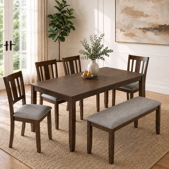 Dining Set for 6, LEGAHOME Farmhouse 6 Piece Dining Table Sets with Bench, Solid Wood Rectangular Dining Room Table and Chairs Set, Walnut