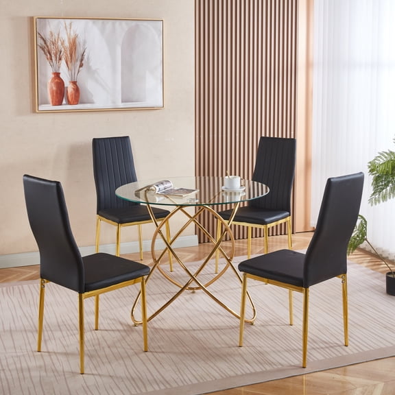 Dining Sets 1+4,5pieces dining set, Table metal leg Mid-century Dining Table for 4-6 people With Glass Table Top, Pedestal Dining Table, End Table Leisure Coffee Table.,Kitchen Sets