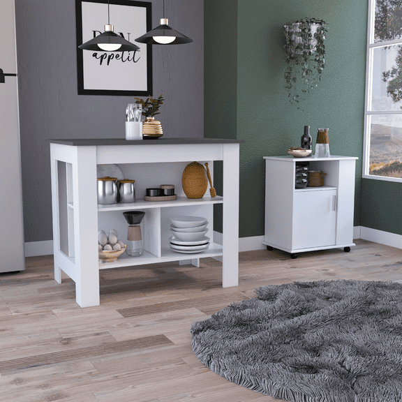 Dining Sets 2 Piece Kitchen Set, Kitchen Island + Lower Microwave Pantry Cabinet , White /Onyx,Wooden Dining Sets