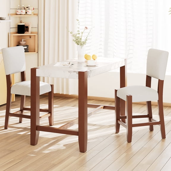 Dining Sets 3-Piece Counter Height Dining Table Set for 2, Faux Marble Bar Table and 2 Upholstered-Seat Chairs, Mid-century Modern Dining Set for Dining Room, Pub Kitchen, Small Place,Wooden Dining S