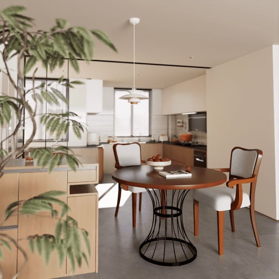 Dining Sets 42" Round Oak Dining Set – Solid Wood-Look Veneer Table + 2 Upholstered Walnut-Finish ARMCHAIRS, Heavy-Duty Iron Pedestal Base, Space-Saving 3-Piece Kitchen Nook Furniture, Rustic-Modern