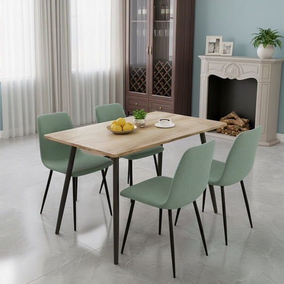 Dining Sets 47" Modern minimalist MDF wood color dining table and light green dining chair for 4,black metal legs, small sized dining table, office desk, kitchen table, for4- 6 Seat.Suitable for home