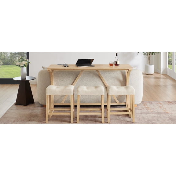 Dining Sets 59 Inch Bar Table, Dining Table, Sofa Table with Power Outlet, 3 Upholstered Stools, 4 Piece Bar Table and Chair Set for Living Room, Dining Room, Kitchen,Wooden Dining Sets