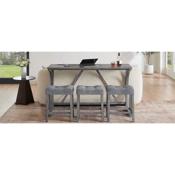 Dining Sets 59 Inch Bar Table, Dining Table, Sofa Table with Power Outlet, 3 Upholstered Stools, 4 Piece Bar Table and Chair Set for Living Room, Dining Room, Kitchen,Wooden Dining Sets