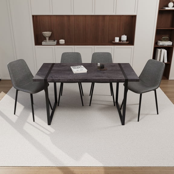 Dining Sets 59" MDF black wooden dining table and modern dining chair 4-piece set, medieval wooden kitchen dining table set, rectangular metal base, dining table and suede chair,Kitchen Sets