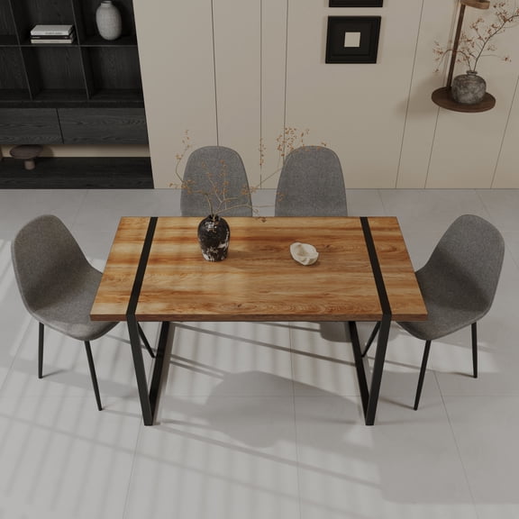 Dining Sets 59" MDF natural wood dining table and modern dining chair set of 4 pieces, medieval wooden kitchen dining table set, black rectangular metal base, dining table and suede chair set,Kitchen