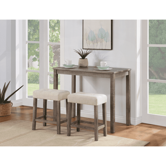 [Dining Sets - Linen Mid-Century Small Space Easy Assembly Counter Height 42"W Set with 2 Tufted Stools]