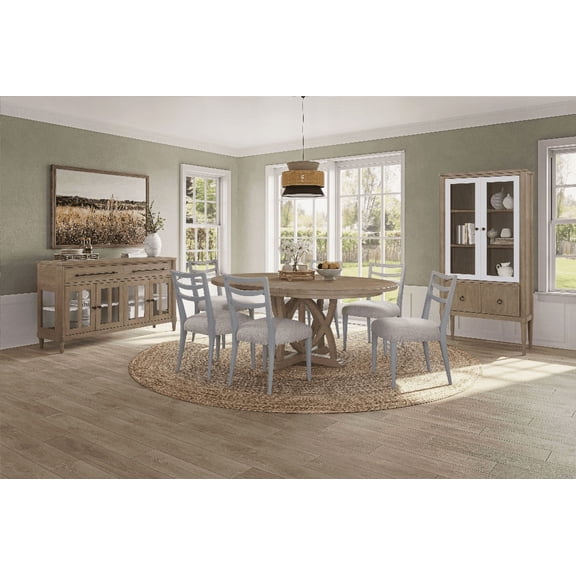 Dining Sets - Mindi Veneer Round Expandable Table with 4 Ladderback Chairs & Glass Server - Living Room, 74 Inch, Easy Assembly