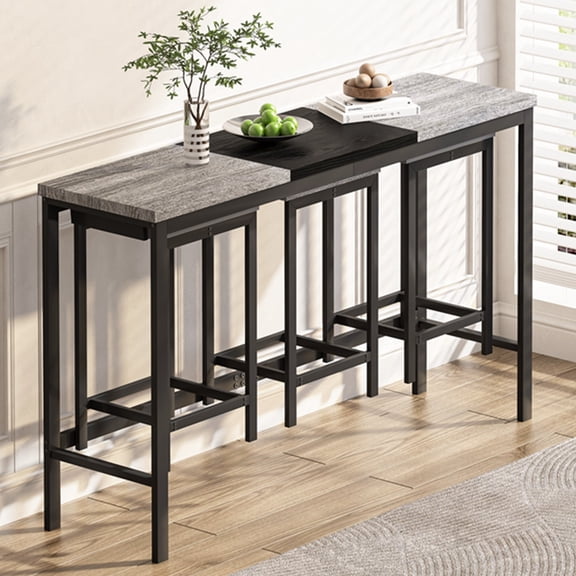 Dining Sets Modern Design Kitchen Dining Table, Pub Table, Long Dining Table Set with 3 Stools, Convenient Hanging Stool Design, Grey+Black(Same SKU:W757P146464),Kitchen Sets