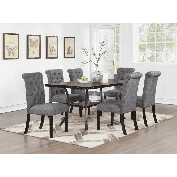 [Dining Sets - Natural Wood/Mid-Century - Easy Assembly - Family Dining - Black - 6pc - 66"x38" Table]