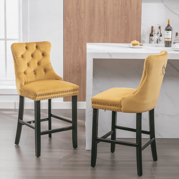 Dining Sets - Velvet Mid-Century with Solid Wood Legs & Chrome Trim, Set of 2 (Golden), for Small Spaces, Easy Assembly