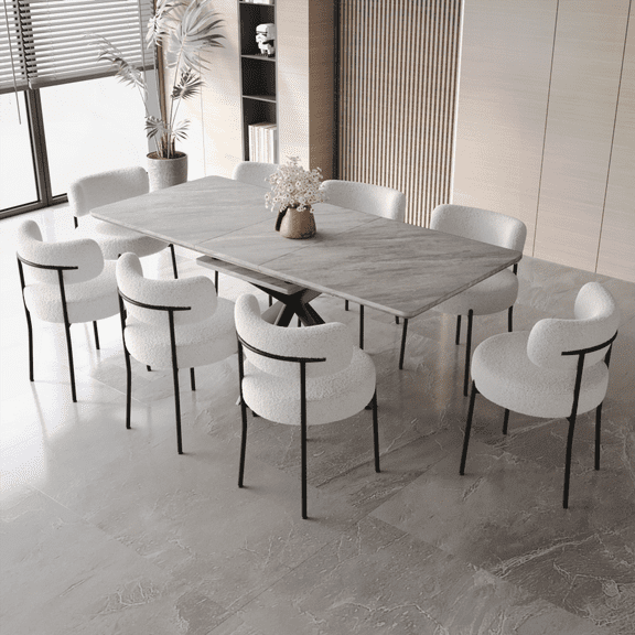 Dining Sets for 4-8 Person,Linen Small Space Dining Table Set with Easy Assembly and Black Metal Legs