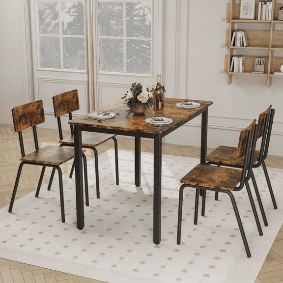 Dining Sets for 4 - Rustic Brown MDF & Iron Frame, Small Space Friendly, Easy Assembly