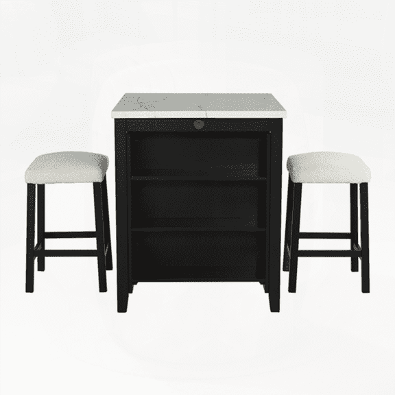 [Dining Sets for Small Spaces - High Gloss Black with Storage & USB - 3pc Set]