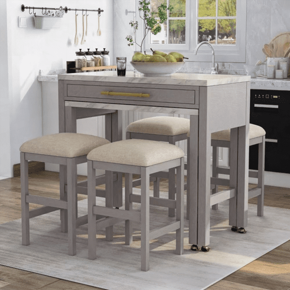 [Dining Sets for Small Spaces | Rustic Linen with Slide-out Top | Gray | 4-Person Set]