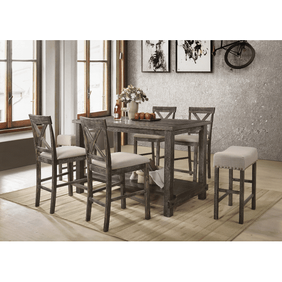 [Dining Sets for Small Spaces - Weathered Gray Finish, Easy Assembly, 7 PCs]