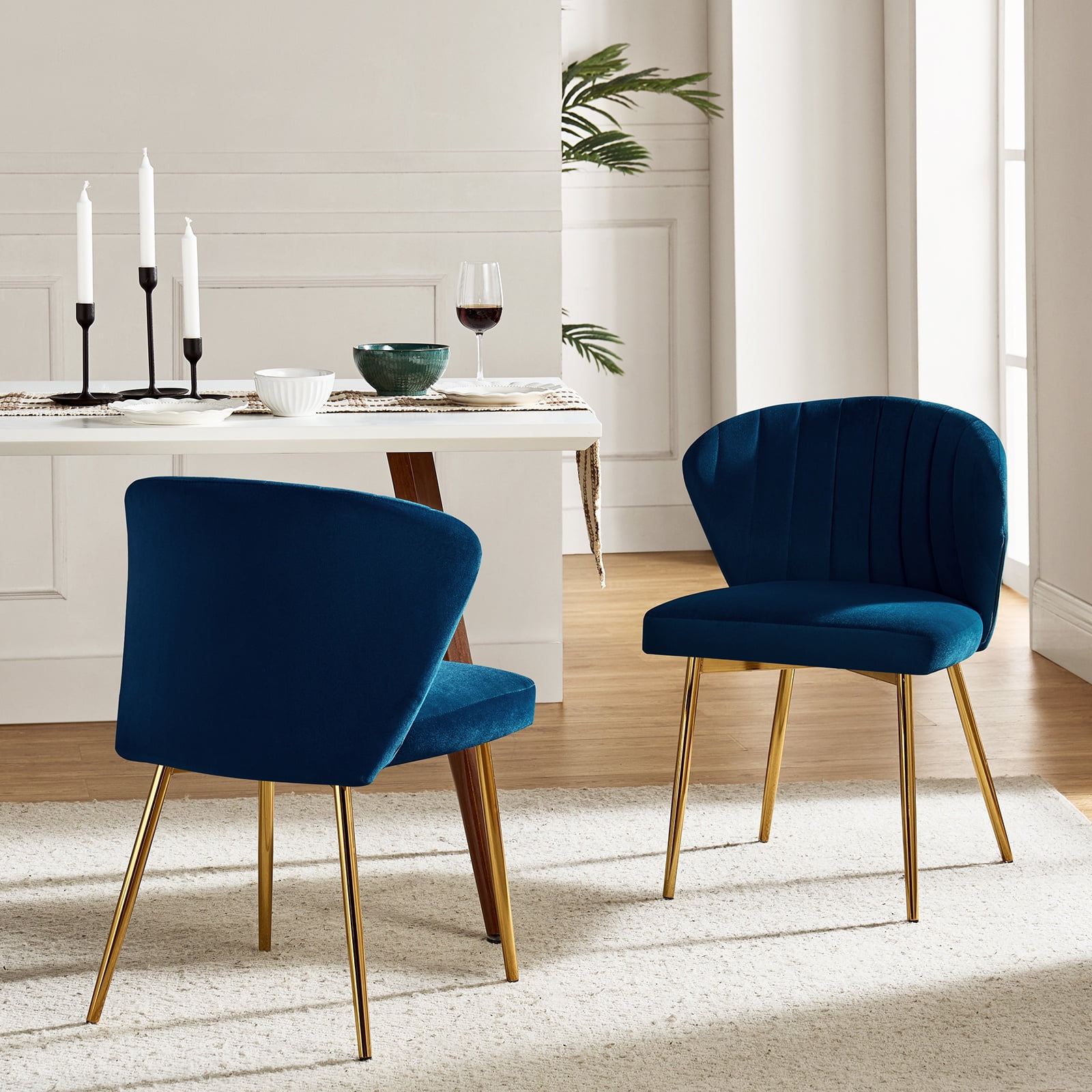 Navy Blue Velvet Upholstered Side Chair with Golden Metal Legs