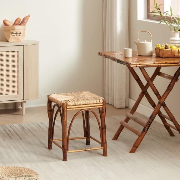 Dining Stool,Bamboo Ratton Frame & Woven Rush Seat, Rustic Backless Stool Chair for Dining, Cozy Saddle Seat for Kitchen, Dining Room, Backyard$$Garden &