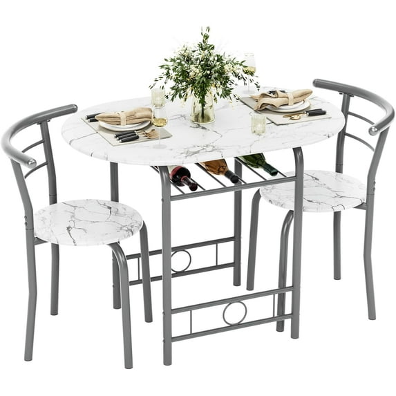 Dining Table for 2, 3 Piece Round Table & Chair Set, Small Kitchen Table for Breakfast Nook, Wood Grain Tabletop and Built-in Storage Rack, Space Saving for Kitchen, Dining Room (White)