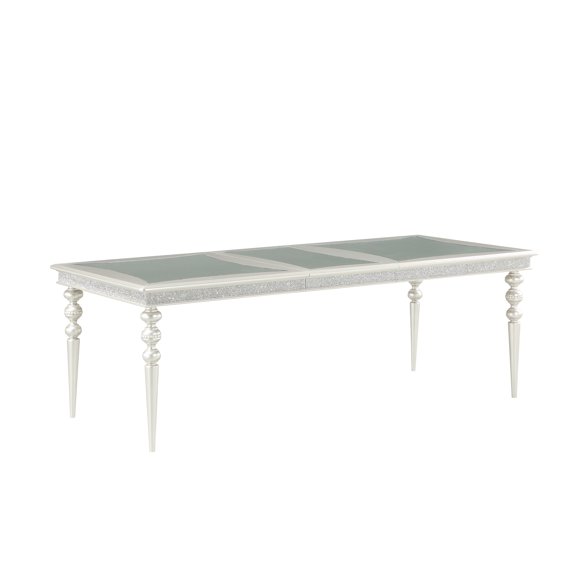 Dining Table with 20-Inch Extension Leaf, Silver Platinum Finish Synthetic Wood and Glass Top with Mirrored Inserts and Rhinestone Inlays, Turned Legs for Formal Dining Room