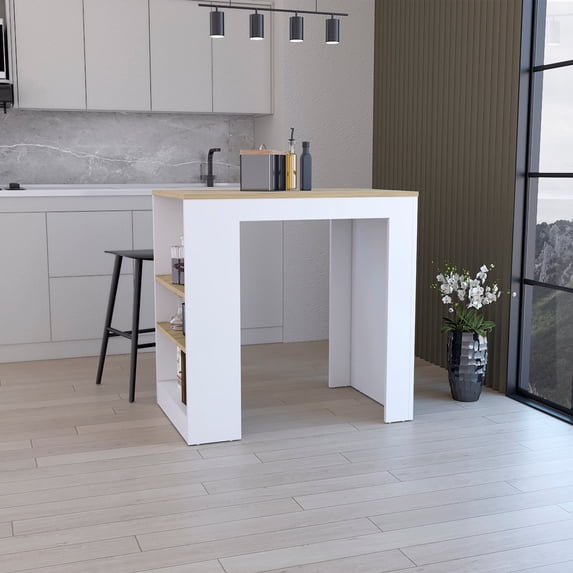 Dining Table with 3-Side Storage Shelves, Kitchen Bar Table with Wood Finishes, Wooden Counter Height Table Set for Kitchen, Kitchen Island for Dining Room, White