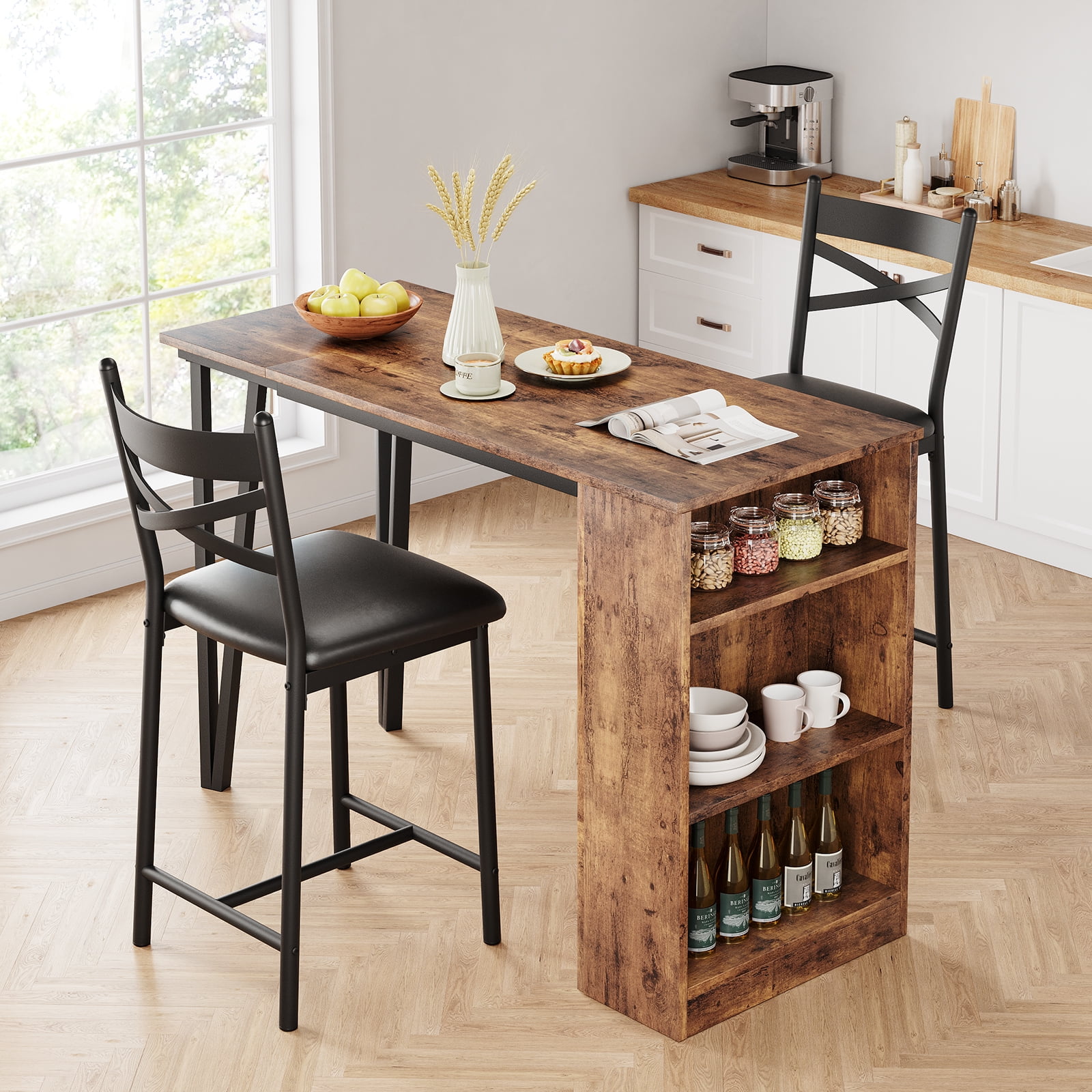 Dining Table with 3 Storage Shelves Set for 2 Expandable Kitchen Bar Table and Chairs for 2 3 Piece Counter Height Top Dining Table Set with
