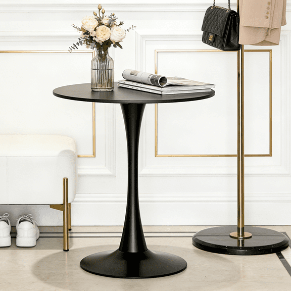 Dining Table, 31.5-Inch Round MDF Wood Top with Tulip Single-Column Metal Base, Modern Black Kitchen Table for Small Spaces, Versatile Coffee Table for Living Room and Home Office