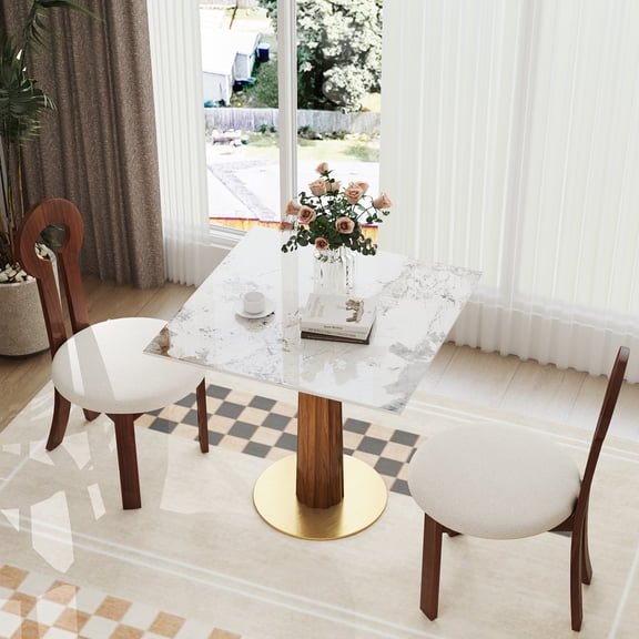 Dining Table, 33.5" Square Sintered Stone Tabletop with Solid Wood Legs and Gold Base, 2-Person Compact Kitchen Table for Small Spaces, Brown and White, 150lbs Capacity, Modern Style