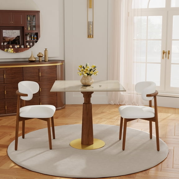 Dining Table, 33.5" Square Sintered Stone Tabletop with Solid Wood Legs and Gold Base, Matte White Modern Kitchen Table for 2 Persons, Small Space Dining Room Furniture, 150lbs Capacity