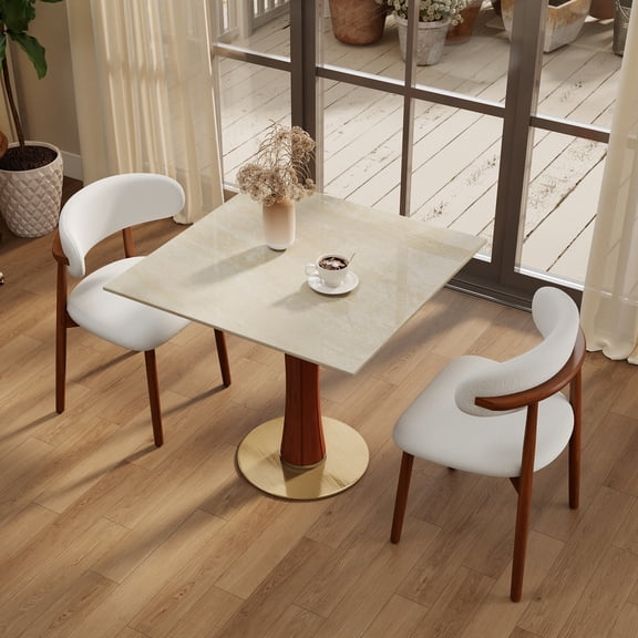 Dining Table, 33.5" Square White Sintered Stone Tabletop with Wooden Legs and Gold Base, 2-Person Modern Kitchen Table for Small Spaces, 150lbs Capacity, Matte White Dining Room Set
