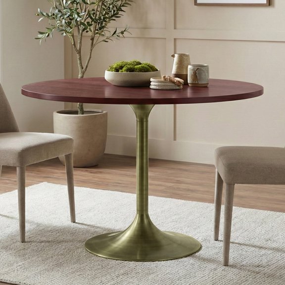 Dining Table, 36-Inch Round Solid Mango Wood Tabletop in Walnut Dark Brown Finish, Antique Brass Tulip Pedestal Base, Handcrafted Kitchen Table for Small Dining Areas and Offices