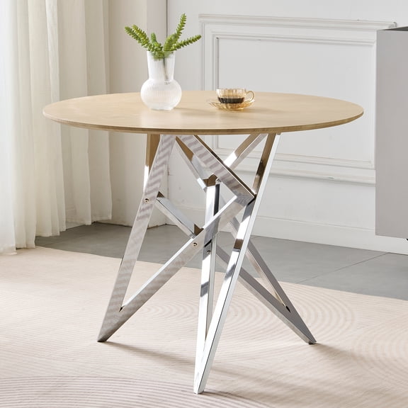 Dining Table, 37 Inch Round MDF Wood Grain Tabletop with Cast Silver Carbon Steel Metal Legs, Modern Kitchen and Dining Room Table for 2 to 4 People, 30 Inch Height, Burlywood Color