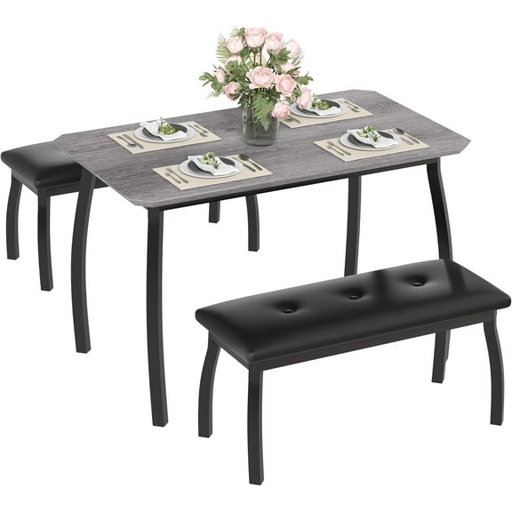 Dining Table for 4, 3-Piece Kitchen Table Set for 4 with Wooden Tabletop and Metal Frame, Industrial Kitchen Table with 2 PU Leather Benches for Bar, Dining Room, Restaurant(43''x28''x30'')