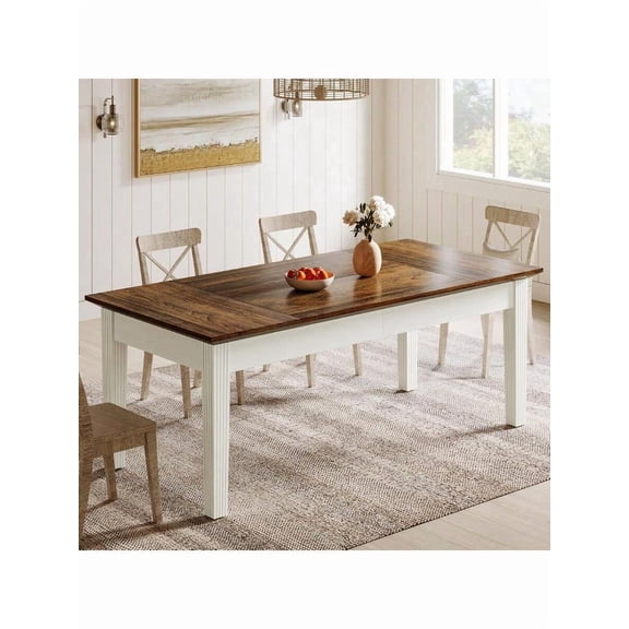 Dining Table For 4-6 People 62-Inch Rectangular Kitchen Table With Solid Wood Legs Modern Farmhouse Dinner Table For Dining Room Kitchen Living Room Rustic Brown And Cream White