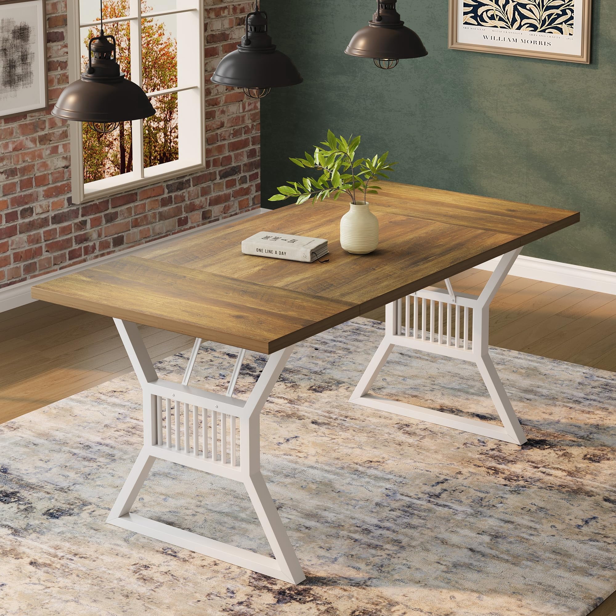 Dining Table 4-6 Person 70.8 Inch, Farmhouse Kitchen Table with Heavy Duty Metal Legs, Wooden Long Dining Room for Kitchen, Living Room