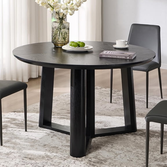 " Dining Table for 4-6, Round Dining Room Table with Triangular Structure Pedestal Base, Curved Table Edge, Circle Kitchen Tables for Dining Room, Kitchen, Black Oak