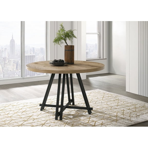 Dining Table, 47 Inch Round Oak Finish Wood Tabletop with Metal Cross Base Leg Frame, Rustic Industrial Style Dining Room Furniture, Distressed Natural Wood Grain, Oak Color