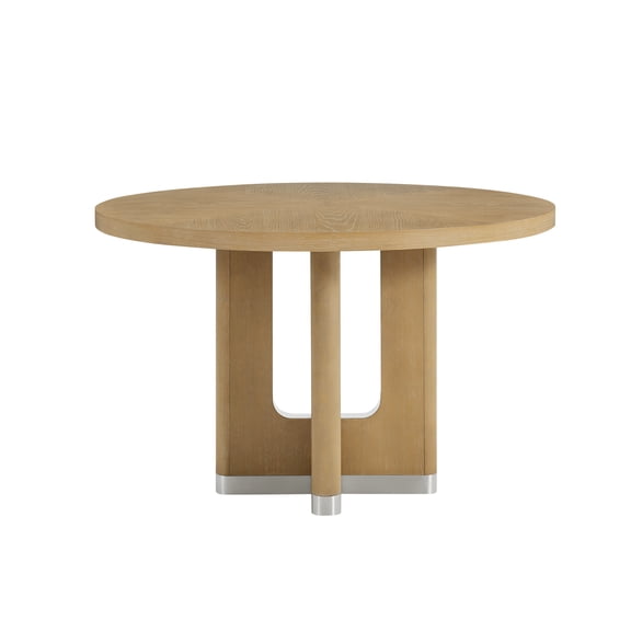 Dining Table, 48 Inch Round Contemporary Dining Table in Natural Finish, Solid Wood and MDF Construction with Pedestal Trestle Base, Seats 4, for Dining Room and Kitchen Area