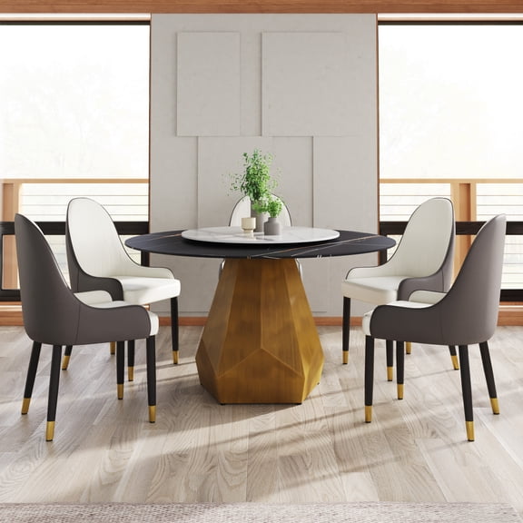 Dining Table, 53 Inch Round Sintered Stone Table for 6 People with 23.62 Inch Rotating Turntable, Heat Resistant Artificial Marble Top and Brass Metal Base for Dining Room, Black and White