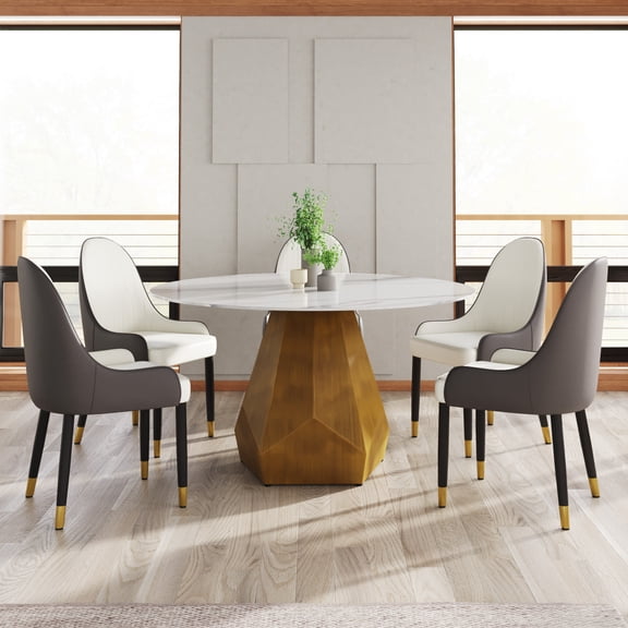 Dining Table, 53 Inch Round Sintered Stone Top with Brass Metal Base, Heat Resistant and Scratch Proof Artificial Marble Surface for 6 People, White, for Dining Room and Kitchen