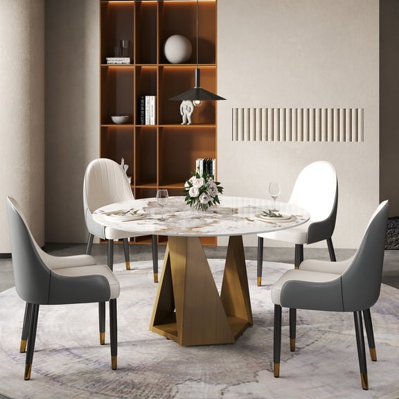 Dining Table, 53-Inch Round Sintered Stone Top with Bronze Finished Iron Pedestal Base, Modern White Artificial Marble Dining Table for 6 People, for Dining Room and Kitchen